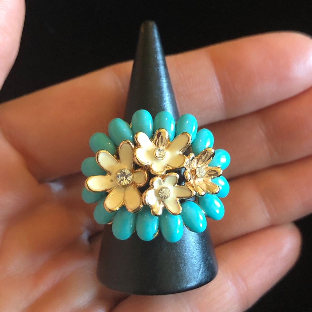 Floral Turquoise Like Blue Color and Gold Tone Women's Ring - Picture 3 of 11